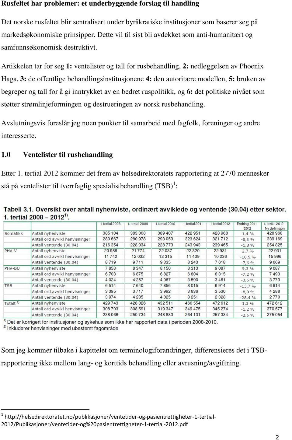 Artikkelen tar for seg 1: ventelister og tall for rusbehandling, 2: nedleggelsen av Phoenix Haga, 3: de offentlige behandlingsinstitusjonene 4: den autoritære modellen, 5: bruken av begreper og tall