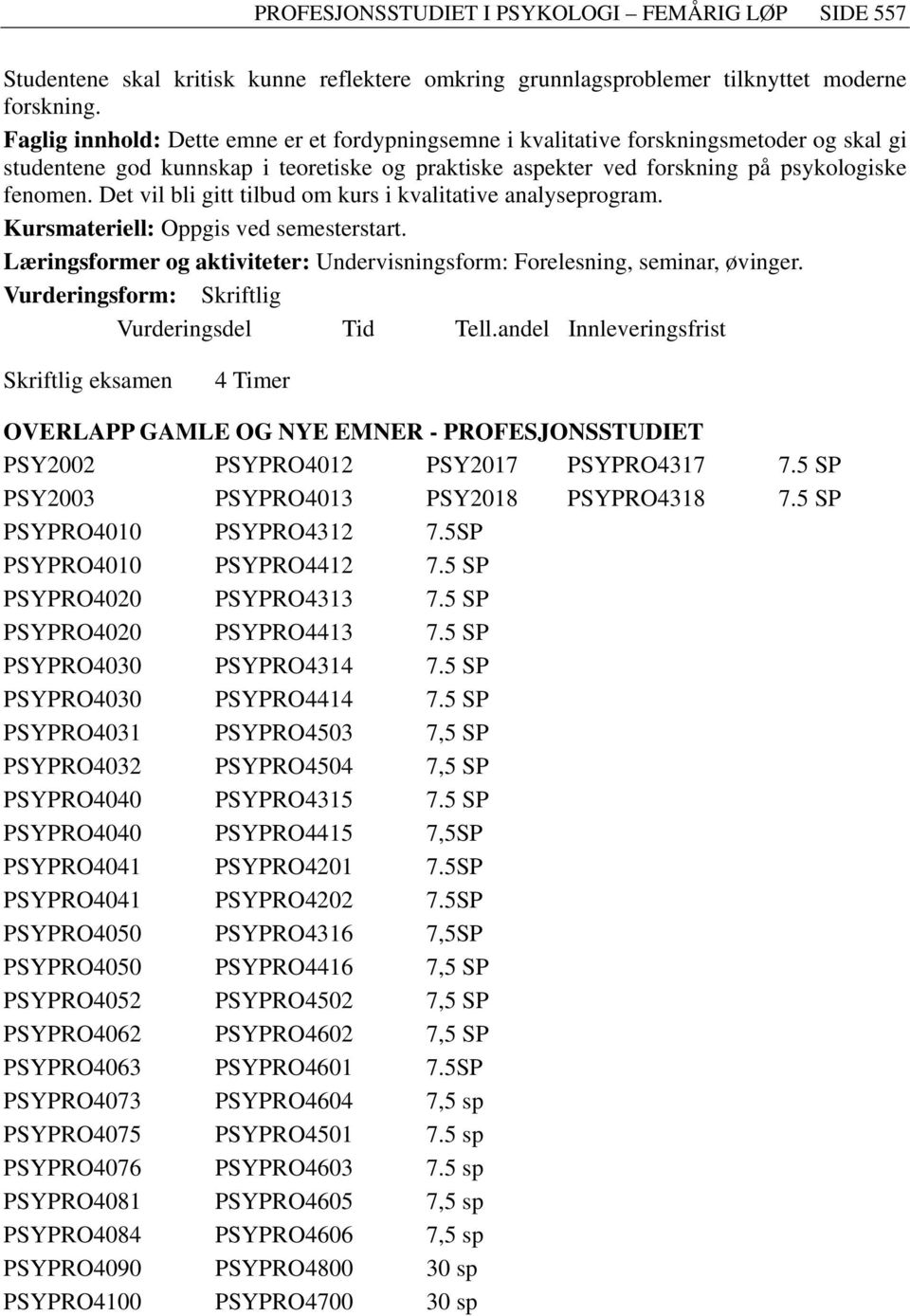 Det vil bli gitt tilbud om kurs i kvalitative analyseprogram. Læringsformer og aktiviteter: Undervisningsform: Forelesning, seminar, øvinger.