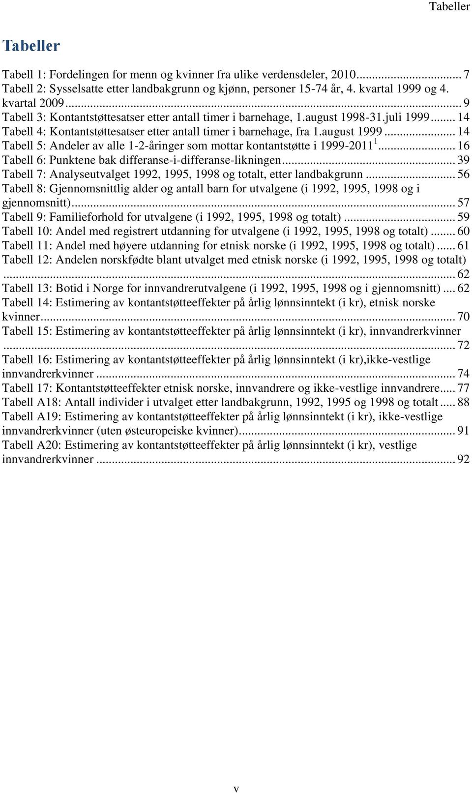 .. 14 Tabell 5: Andeler av alle 1-2-åringer som mottar kontantstøtte i 1999-2011 1... 16 Tabell 6: Punktene bak differanse-i-differanse-likningen.