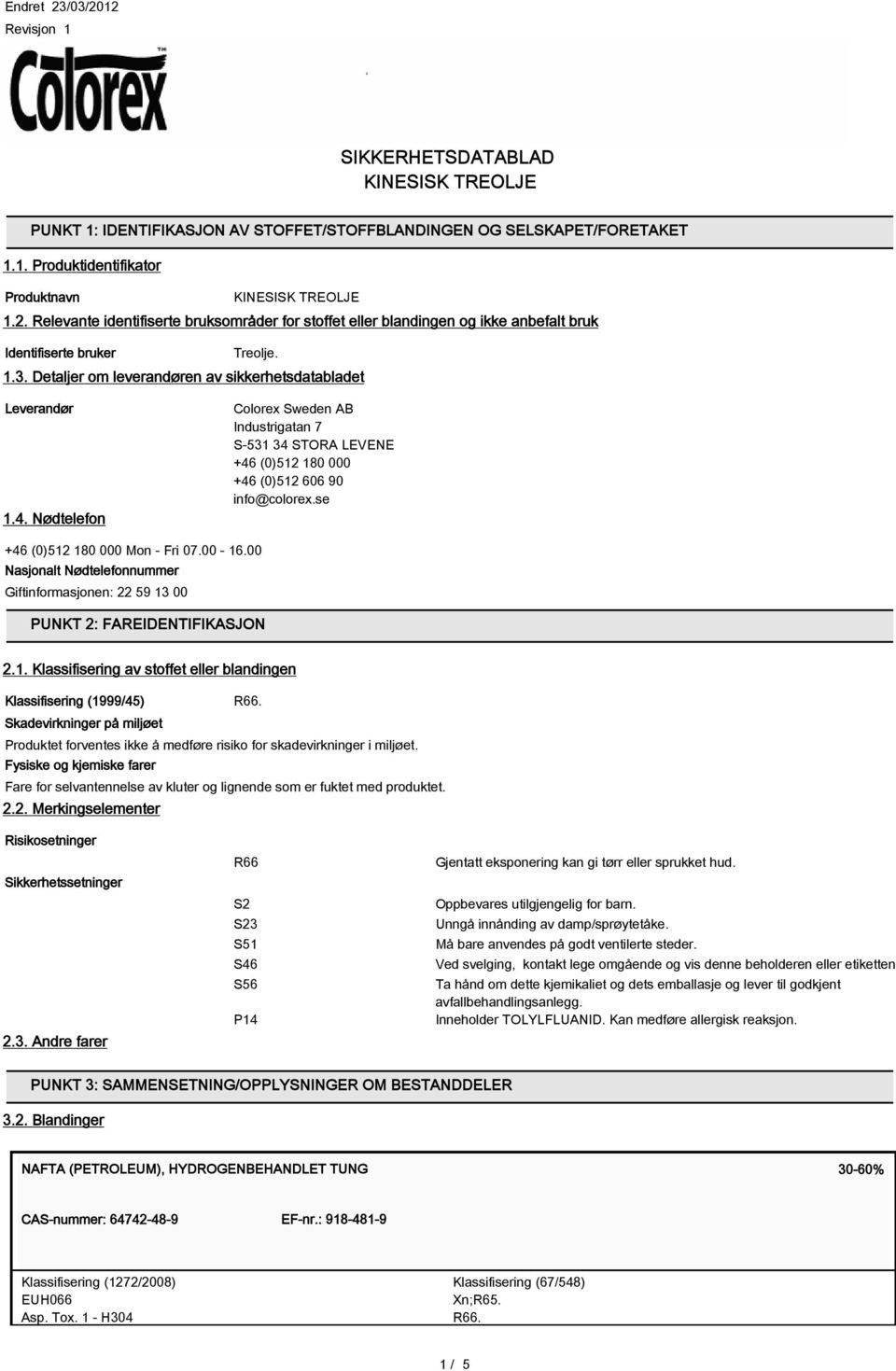 se +46 (0)512 180 000 Mon - Fri 07.00-16.00 Nasjonalt Nødtelefonnummer Giftinformasjonen: 22 59 13 00 PUNKT 2: FAREIDENTIFIKASJON 2.1. Klassifisering av stoffet eller blandingen Klassifisering (1999/45) R66.