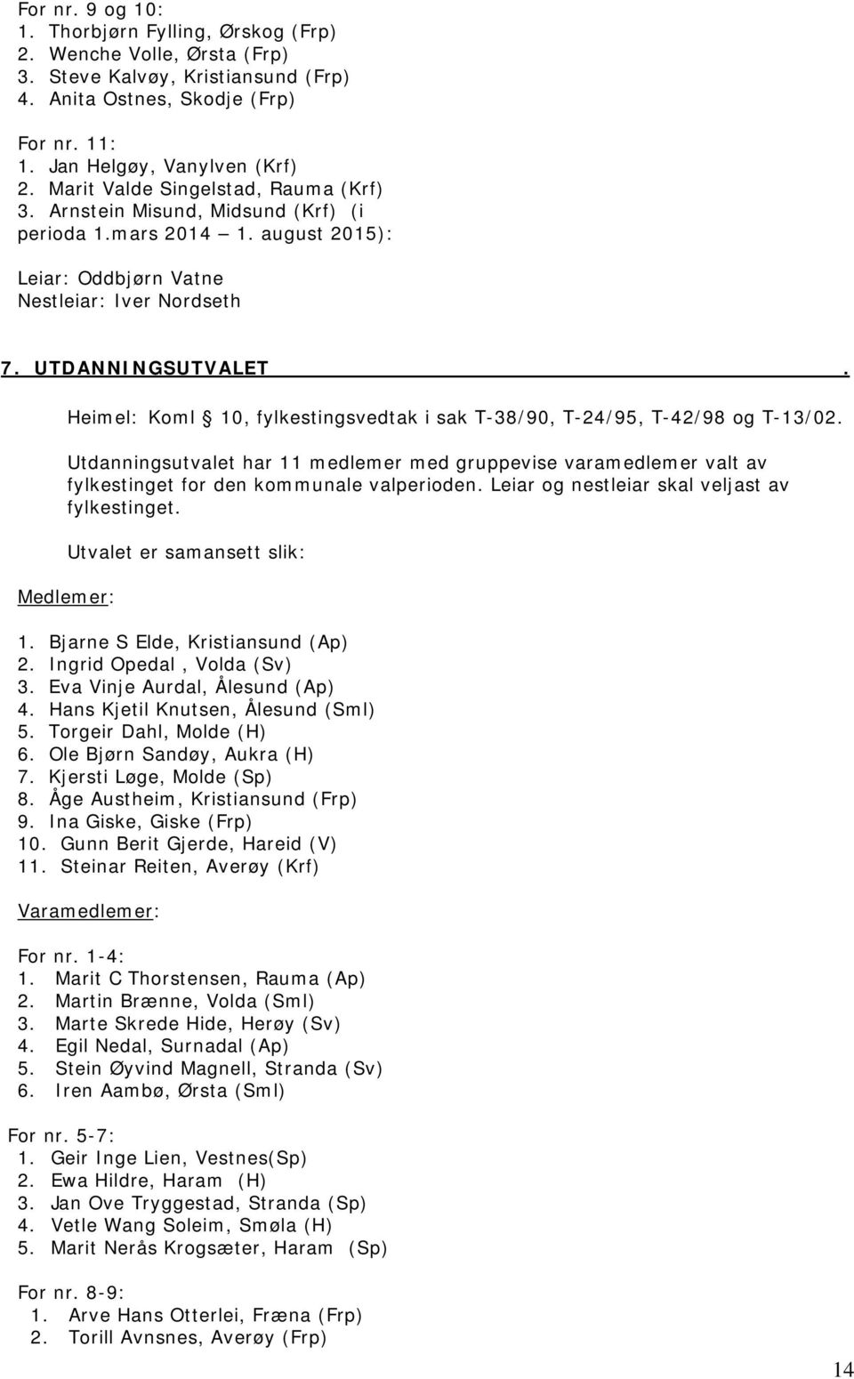 Heimel: Koml 10, fylkestingsvedtak i sak T-38/90, T-24/95, T-42/98 og T-13/02. Utdanningsutvalet har 11 medlemer med gruppevise varamedlemer valt av fylkestinget for den kommunale valperioden.