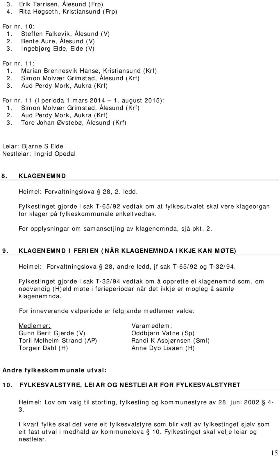 Simon Molvær Grimstad, Ålesund (Krf) 2. Aud Perdy Mork, Aukra (Krf) 3. Tore Johan Øvstebø, Ålesund (Krf) Leiar: Bjarne S Elde Nestleiar: Ingrid Opedal 8. KLAGENEMND Heimel: Forvaltningslova 28, 2.