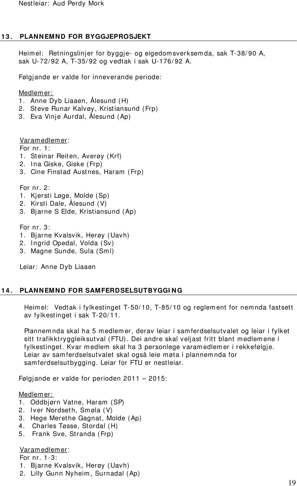 Ina Giske, Giske (Frp) 3. Cine Finstad Austnes, Haram (Frp) For nr. 2: 1. Kjersti Løge, Molde (Sp) 2. Kirsti Dale, Ålesund (V) 3. Bjarne S Elde, Kristiansund (Ap) For nr. 3: 1.