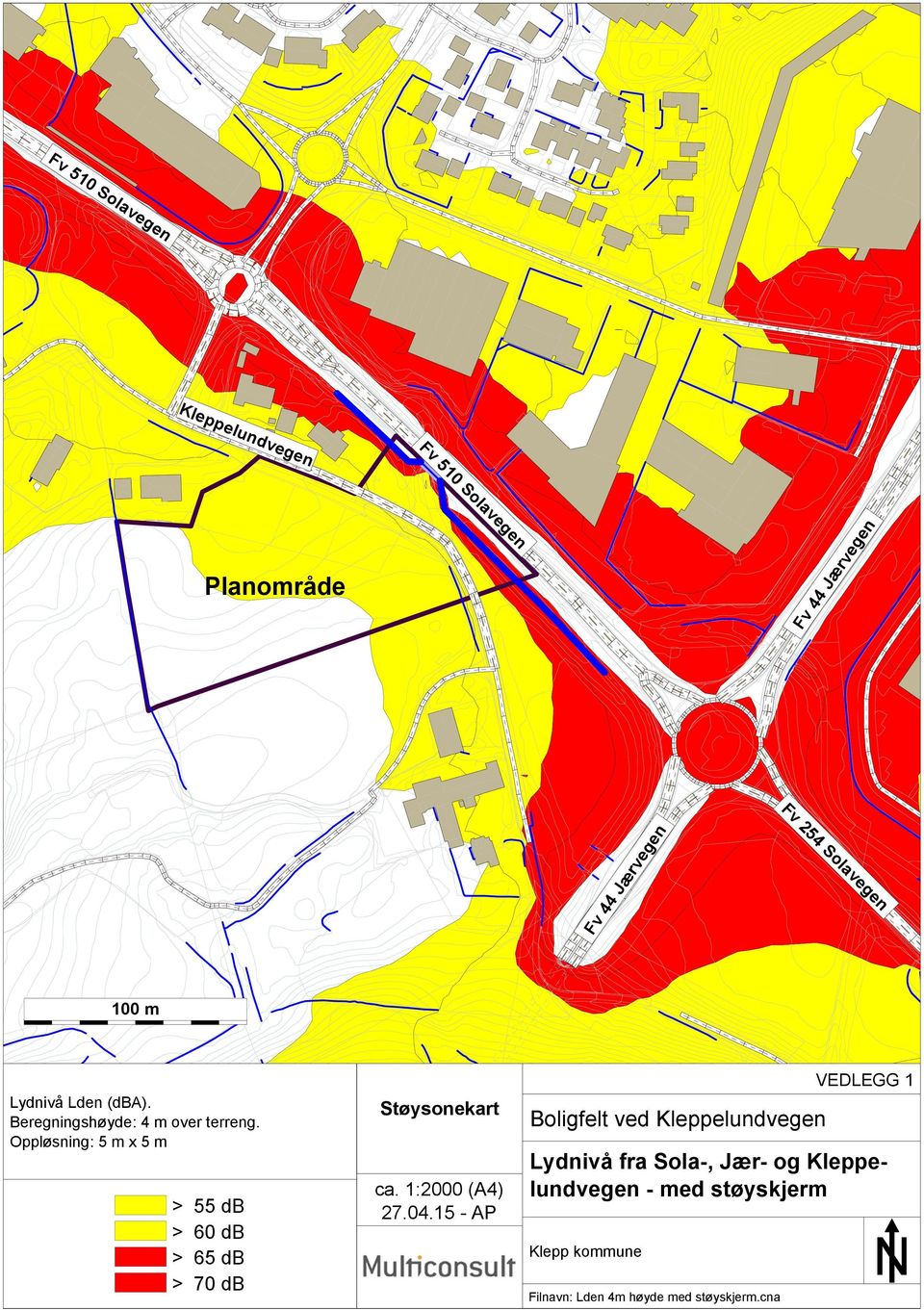 Oppløsning: 5 m x 5 m > 55 db > 60 db > 65 db > 70 db Støysonekart ca. 1:2000 (A4) 27.04.
