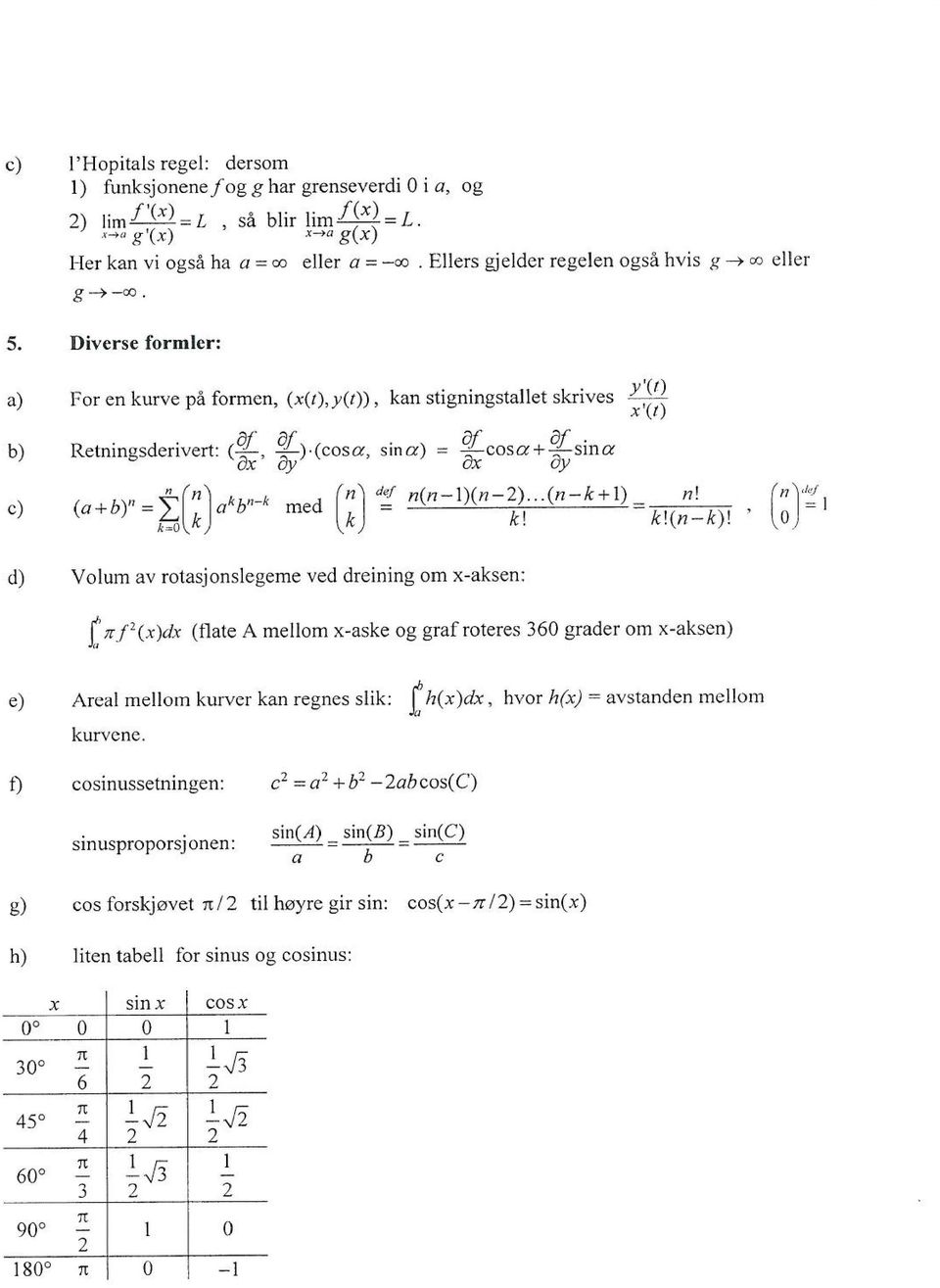 Diverse form lcr: a) For en kurve på formen, ( X(I),Y(I», kan stigningstall et skrives y'(t) x '(t) b) c) Retningsderivert: (t,:),(cosa, sina) = Zcosa+Zsin a (a+b)" = ~ (; Ja ' b "-' med (;J "f n