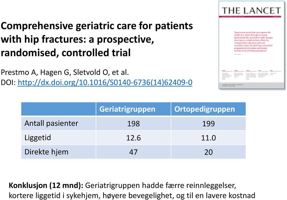 1016/s0140-6736(14)62409-0 Geriatrigruppen Ortopedigruppen Antall pasienter 198 199 Liggetid 12.6 11.