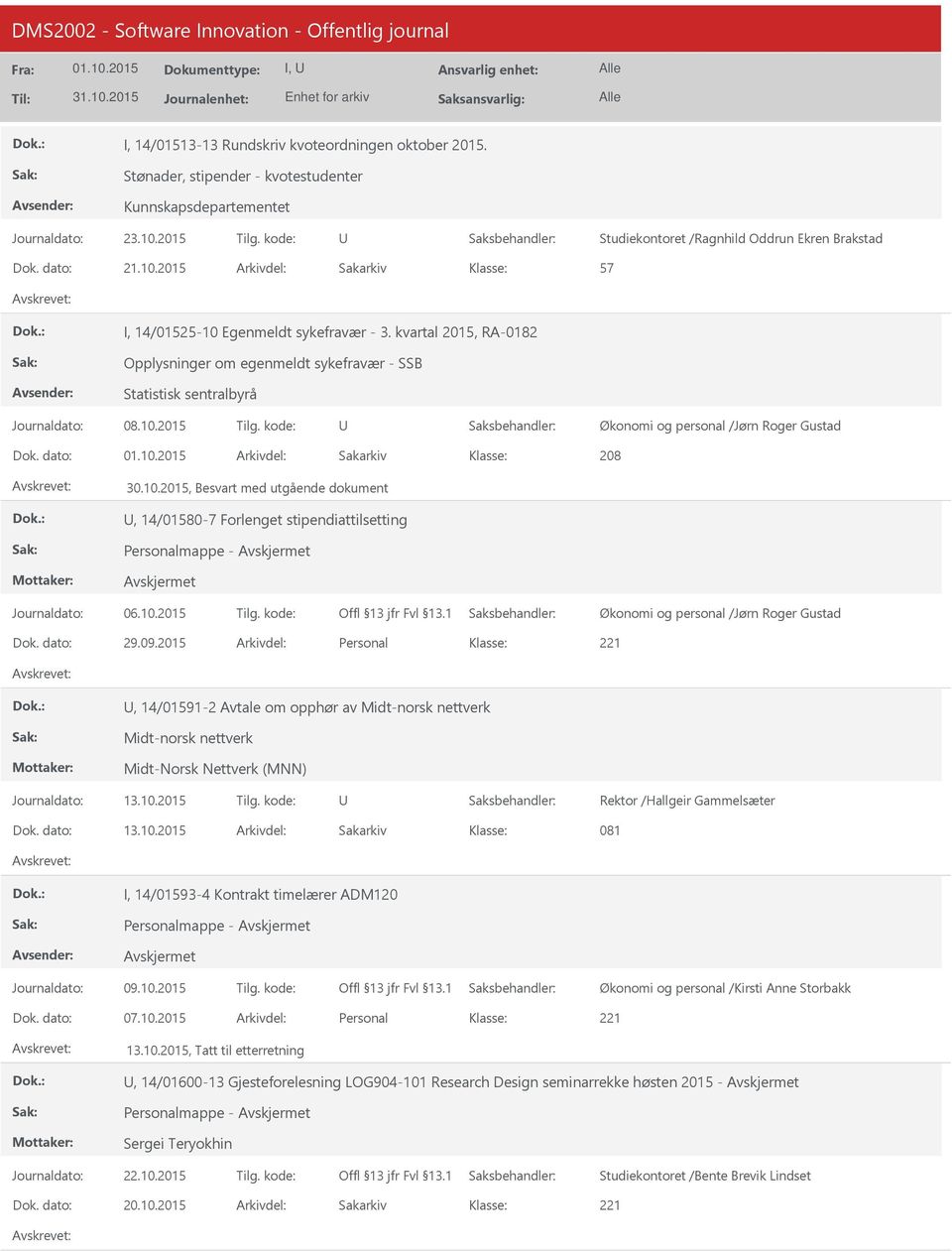 kvartal 2015, RA-0182 Opplysninger om egenmeldt sykefravær - SSB Statistisk sentralbyrå Journaldato: 08.10.2015 Tilg. kode: Økonomi og personal /Jørn Roger Gustad Dok. dato: Arkivdel: Sakarkiv 208 30.