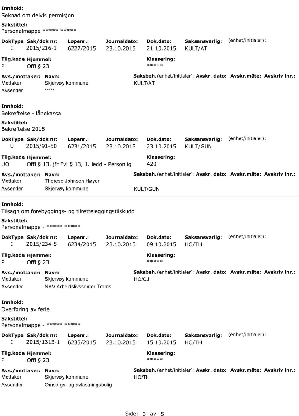 måte: Avskriv lnr.: Mottaker Therese Johnsen Høyer KLT/GN Tilsagn om forebyggings- og tilretteleggingstilskudd ersonalmappe - 2015/234-5 6234/2015 09.10.2015 Avs./mottaker: Navn: Saksbeh.