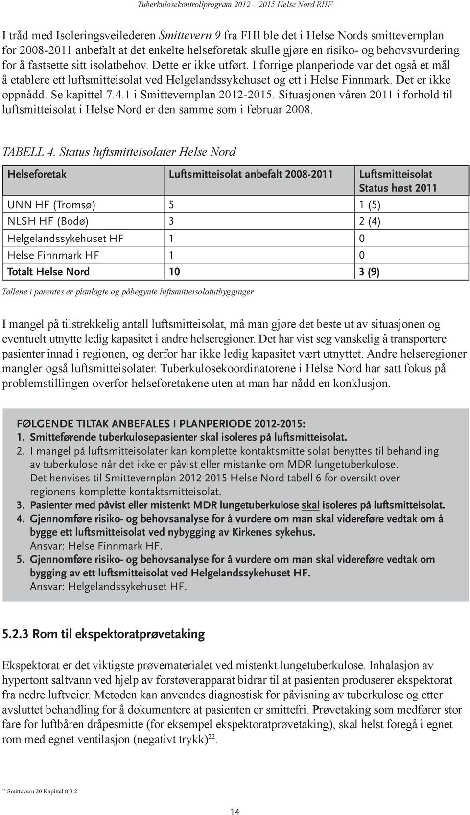 1 i Smittevernplan 212215. Situasjonen våren 211 i forhold til luftsmitteisolat i Helse Nord er den samme som i februar 28. Tabell 4.