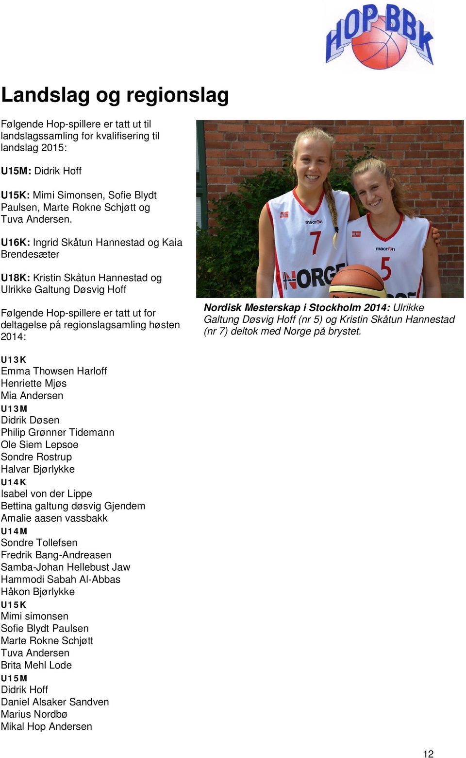 U16K: Ingrid Skåtun Hannestad og Kaia Brendesæter U18K: Kristin Skåtun Hannestad og Ulrikke Galtung Døsvig Hoff Følgende Hop-spillere er tatt ut for deltagelse på regionslagsamling høsten 2014: