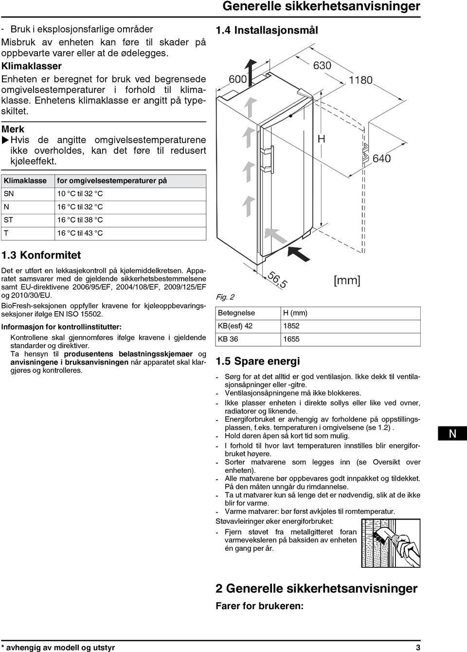 4 Installasjonsmål uhvis de angitte omgivelsestemperaturene ikke overholdes, kan det føre til redusert kjøleeffekt.