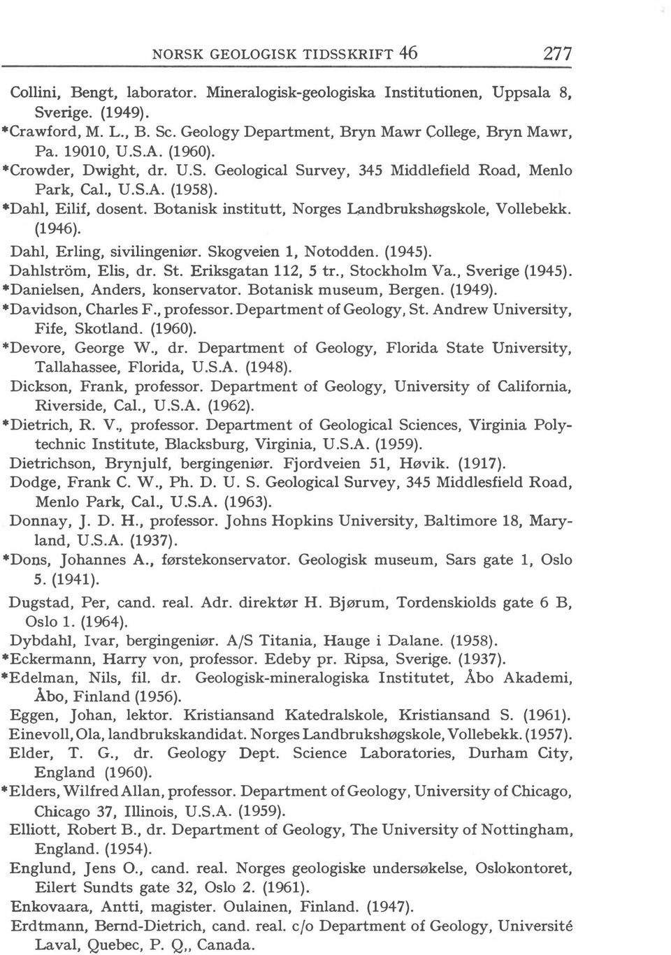 Botanisk institutt, Norges Landbrukshøgskole, Vollebekk. (1946). Dahl, Erling, sivilingeniør. Skogveien l, Notodden. (1945). Dahlstrom, Elis, dr. St. Eriksgatan 112, 5 tr., Stockholm Va.