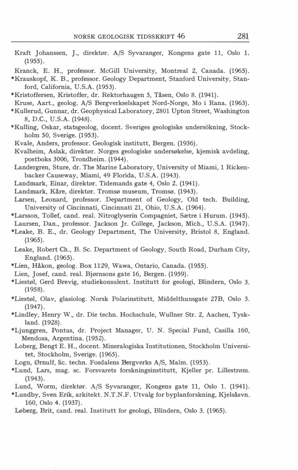 A/S Bergverkselskapet Nord-Norge, Mo i Rana. (1963). *Kullerud, Gunnar, dr. Geophysical Laboratory, 2801 Upton Street, Washington 8, D.C., U.S.A. (1948). *Kulling, Oskar, statsgeolog, docent.