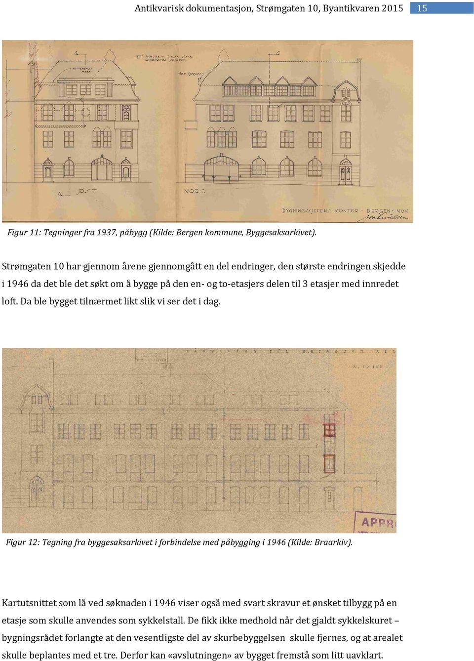 Da ble bygget tilnærmet likt slik vi ser det i dag. Figur 12: Tegning fra byggesaksarkivet i forbindelse med påbygging i 1946 (Kilde: Braarkiv).
