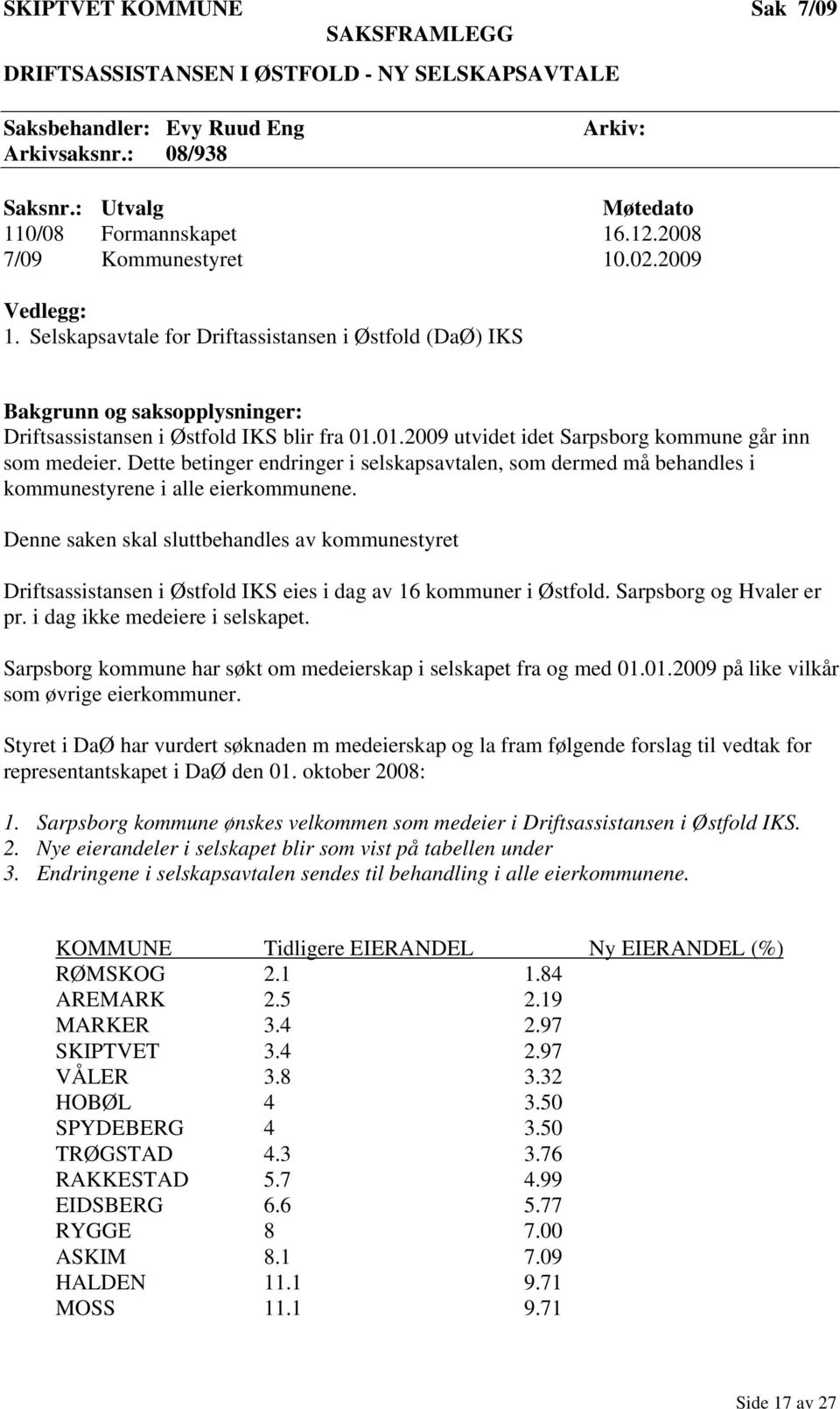 01.2009 utvidet idet Sarpsborg kommune går inn som medeier. Dette betinger endringer i selskapsavtalen, som dermed må behandles i kommunestyrene i alle eierkommunene.