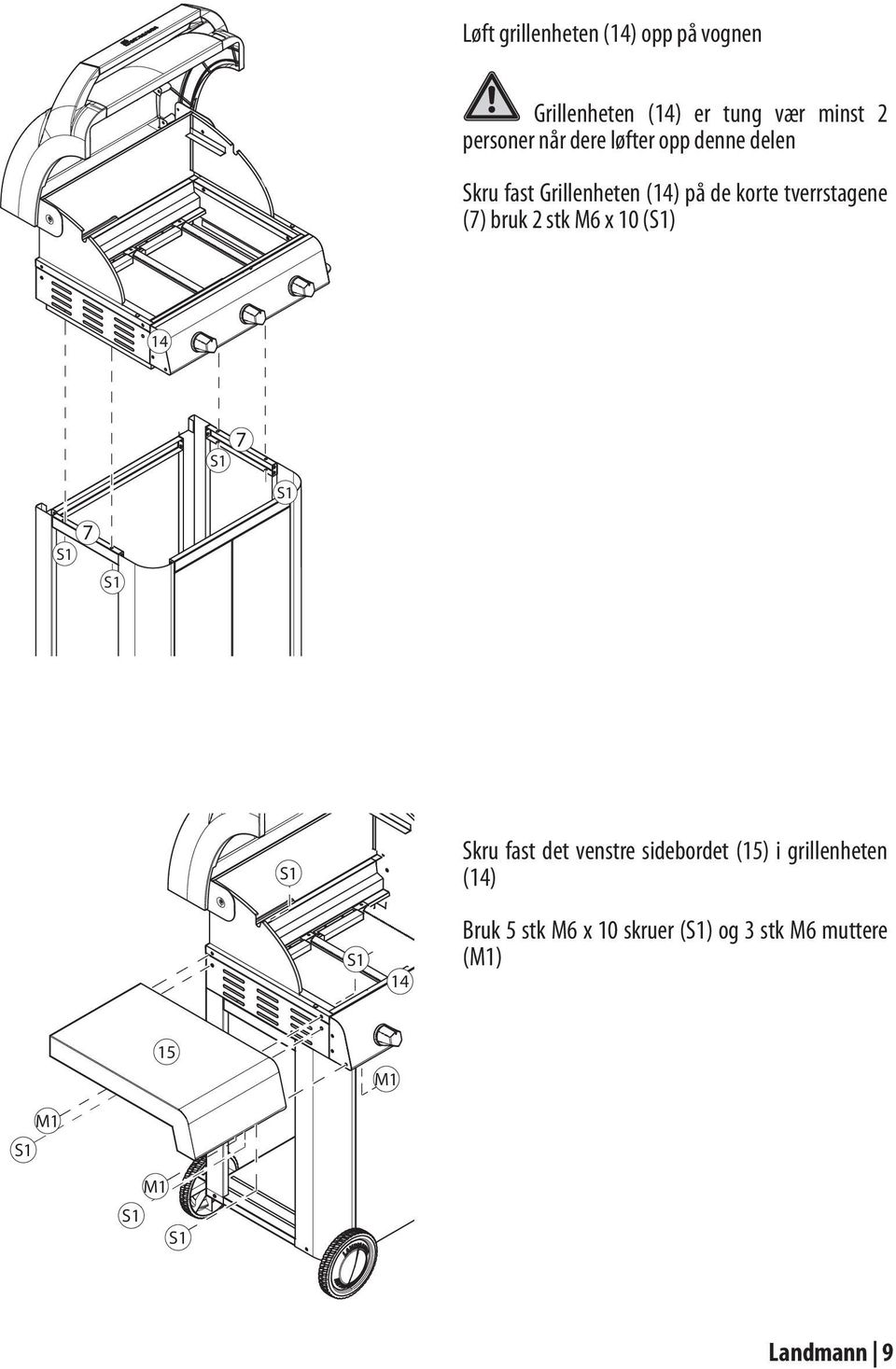 tverrstagene (7) bruk 2 stk M6 x 10 () 14 7 7 Skru fast det venstre sidebordet