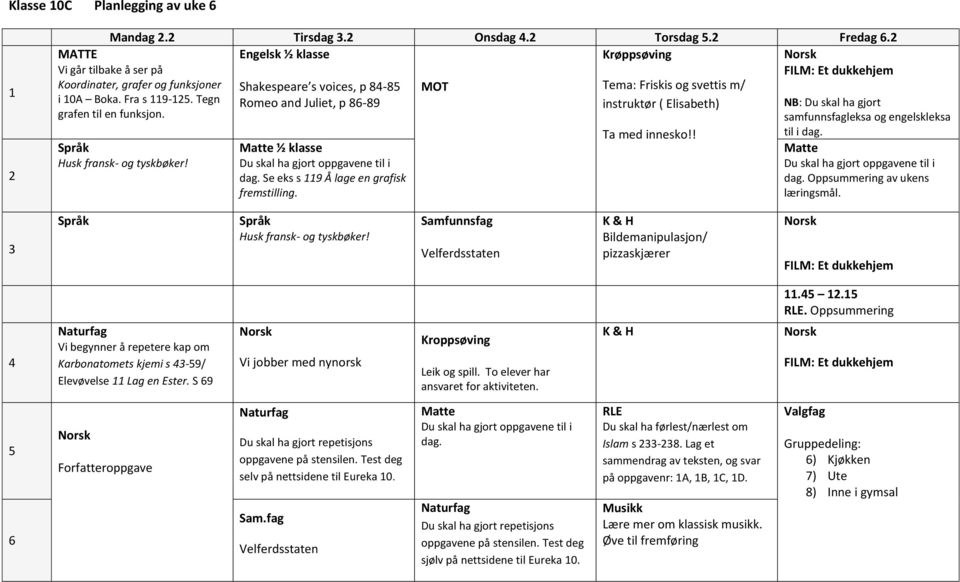 MOT Tema: Friskis og svettis m/ instruktør ( Elisabeth) Ta med innesko!! NB: Du skal ha gjort samfunnsfagleksa og engelskleksa til i dag. dag. Oppsummering av ukens læringsmål.