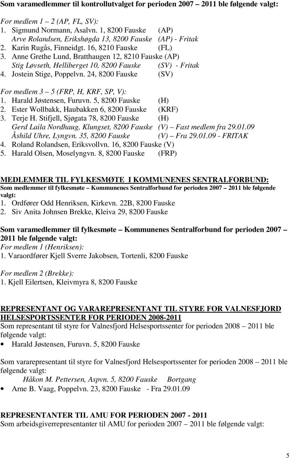 Anne Grethe Lund, Bratthaugen 12, 8210 Fauske (AP) Stig Løvseth, Helliberget 10, 8200 Fauske (SV) - Fritak 4. Jostein Stige, Poppelvn. 24, 8200 Fauske (SV) For medlem 3 5 (FRP, H, KRF, SP, V): 1.