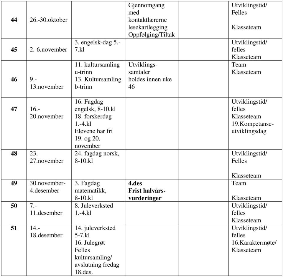 november 16. Fagdag engelsk, 8-10.kl 18. forskerdag 1.-4.kl Elevene har fri 19. og 20. november 24. fagdag norsk, 8-10.kl / 19.Kompetanseutviklingsdag / 49 30.