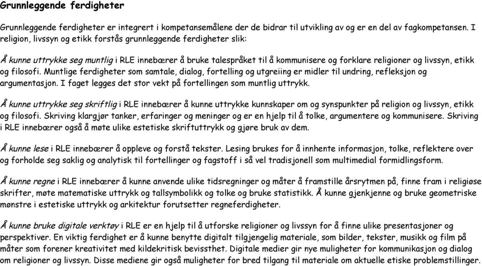 filosofi. Muntlige ferdigheter som samtale, dialog, fortelling og utgreiing er midler til undring, refleksjon og argumentasjon. I faget legges det stor vekt på fortellingen som muntlig uttrykk.