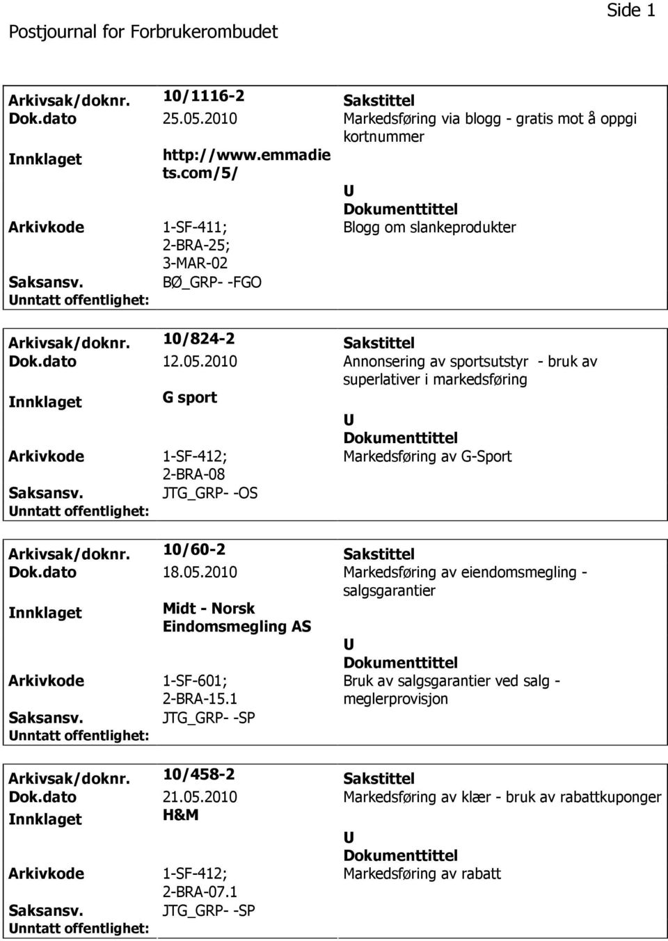 2010 Annonsering av sportsutstyr - bruk av superlativer i markedsføring nnklaget G sport Arkivkode 1-SF-412; 2-BRA-08 Markedsføring av G-Sport Saksansv. JTG_GRP- -OS Arkivsak/doknr.