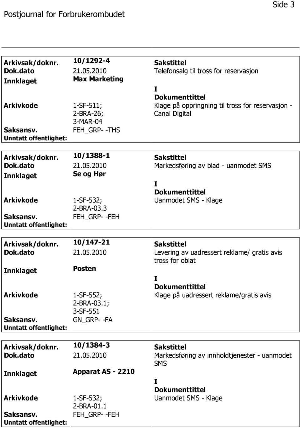 10/1388-1 Sakstittel Dok.dato 21.05.2010 Markedsføring av blad - uanmodet SMS nnklaget Se og Hør 2-BRA-03.3 anmodet SMS - Klage Arkivsak/doknr. 10/147-21 Sakstittel Dok.dato 21.05.2010 Levering av uadressert reklame/ gratis avis tross for oblat nnklaget Posten Arkivkode Saksansv.