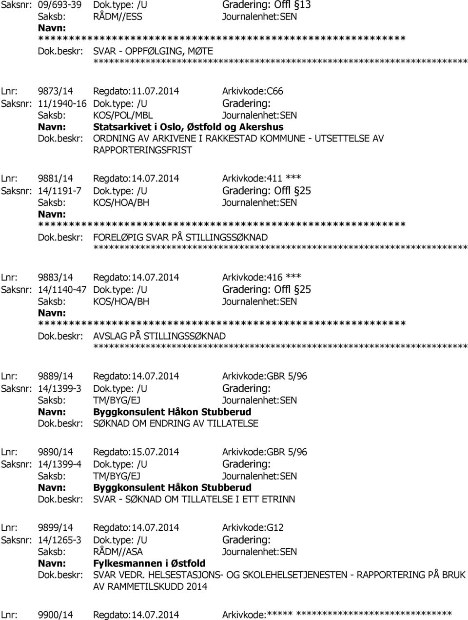 beskr: ORDNING AV ARKIVENE I RAKKESTAD KOMMUNE - UTSETTELSE AV RAPPORTERINGSFRIST ************ Lnr: 9881/14 Regdato:14.07.2014 Arkivkode:411 *** Saksnr: 14/1191-7 Dok.