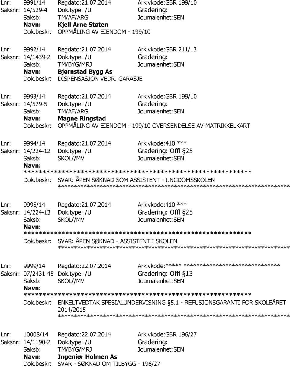 beskr: OPPMÅLING AV EIENDOM - 199/10 OVERSENDELSE AV MATRIKKELKART ************ Lnr: 9994/14 Regdato:21.07.2014 Arkivkode:410 *** Saksnr: 14/224-12 Dok.