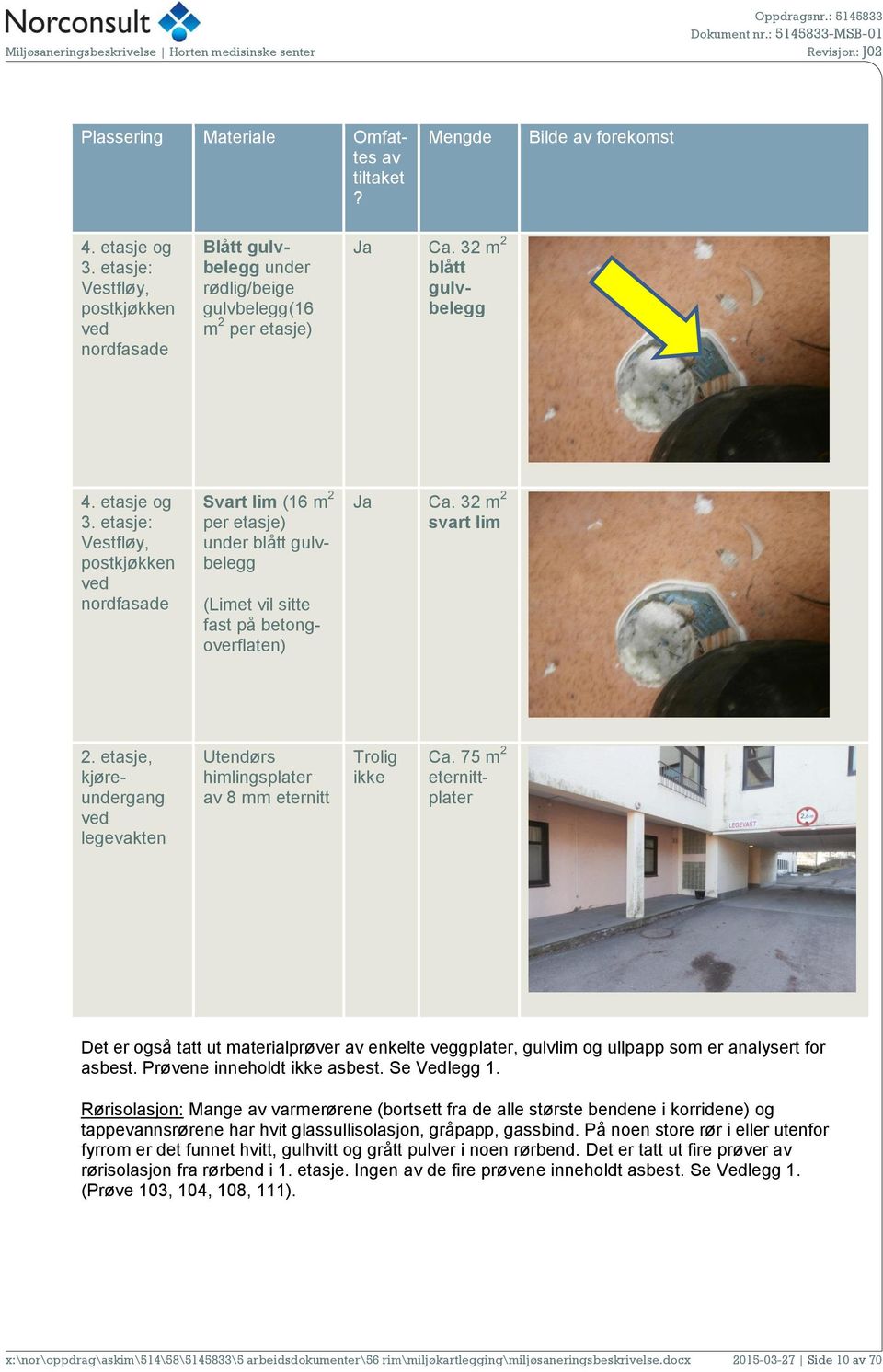 etasje: Vestfløy, postkjøkken ved nordfasade Svart lim (16 m 2 per etasje) under blått gulvbelegg (Limet vil sitte fast på betongoverflaten) Ja Ca. 32 m 2 svart lim 2.