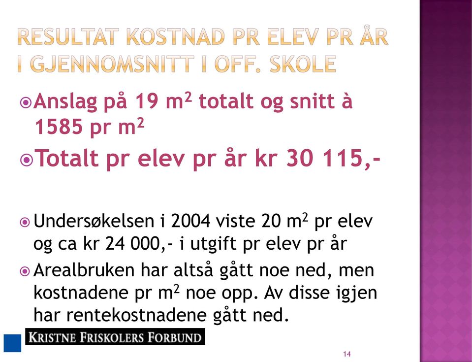 000,- i utgift pr elev pr år Arealbruken har altså gått noe ned, men