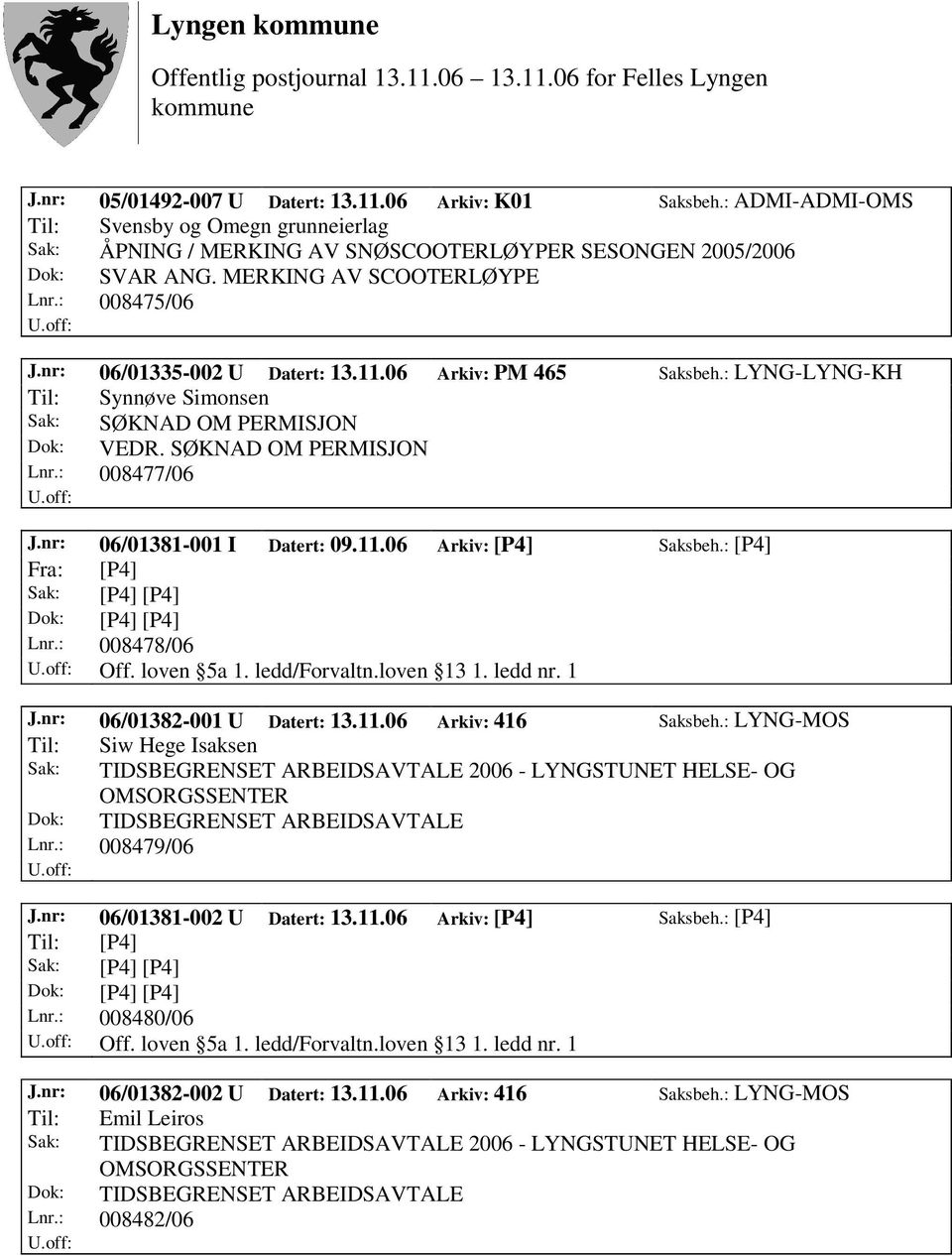 : 008477/06 J.nr: 06/01381-001 I Datert: 09.11.06 Arkiv: [P4] Saksbeh.: [P4] Fra: [P4] Sak: [P4] [P4] Dok: [P4] [P4] Lnr.: 008478/06 Off. loven 5a 1. ledd/forvaltn.loven 13 1. ledd nr. 1 J.