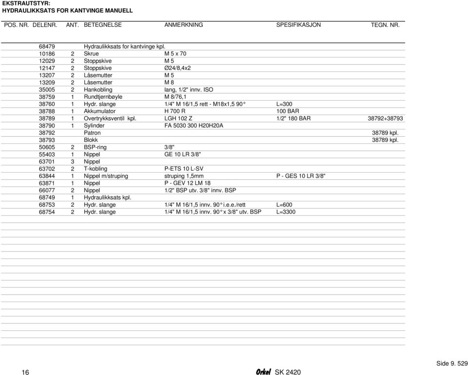 ISO 38759 1 Rundtjernbøyle M 8/76,1 38760 1 Hydr. slange 1/4" M 16/1,5 rett - M18x1,5 90 L=300 38788 1 Akkumulator H 700 R 100 BAR 38789 1 Overtrykksventil kpl.