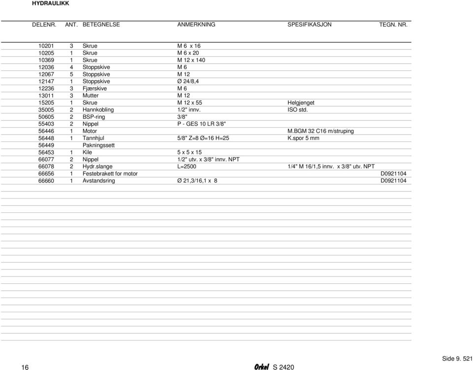 15205 1 Skrue M 12 x 55 Helgjenget 35005 2 Hannkobling 1/2" innv. ISO std. 50605 2 BSP-ring 3/8" 55403 2 Nippel P - GES 10 LR 3/8" 56446 1 Motor M.
