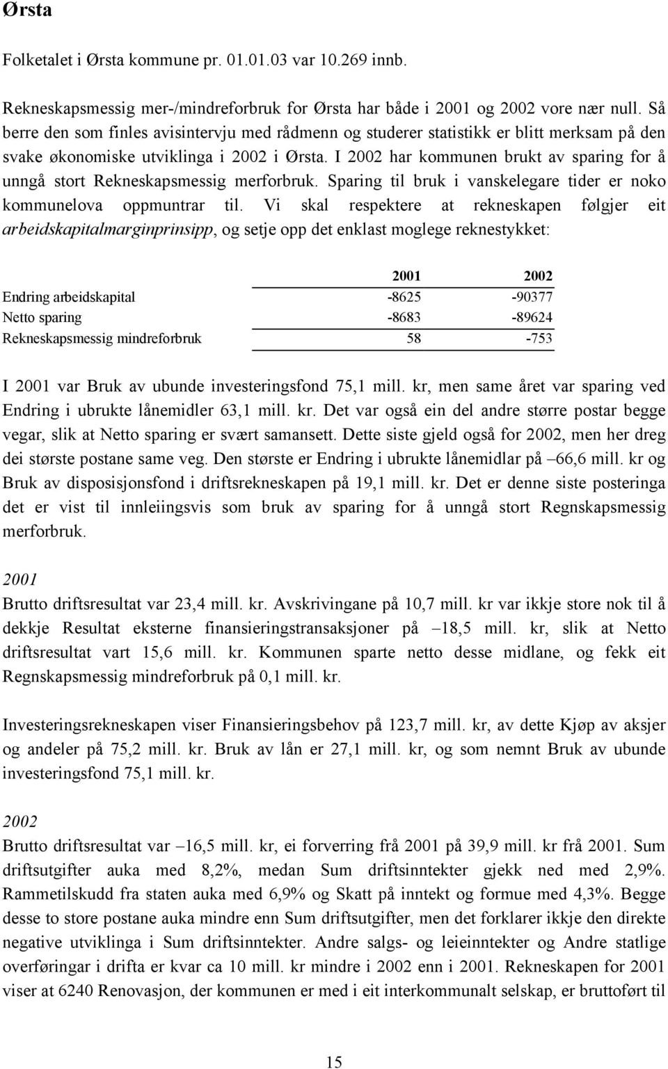 I 2002 har kommunen brukt av sparing for å unngå stort Rekneskapsmessig merforbruk. Sparing til bruk i vanskelegare tider er noko kommunelova oppmuntrar til.