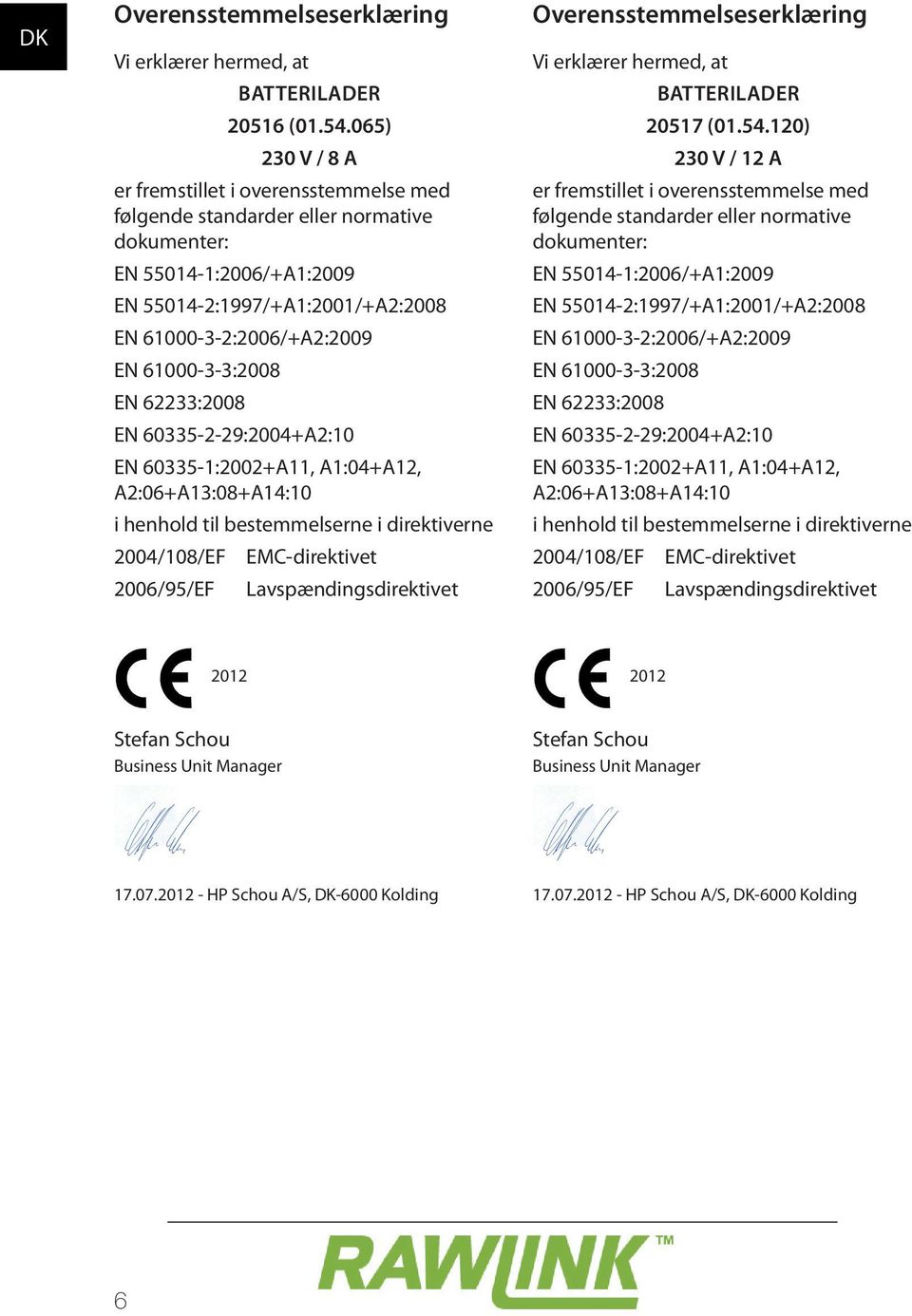 61000-3-3:2008 EN 62233:2008 EN 60335-2-29:2004+A2:10 EN 60335-1:2002+A11, A1:04+A12, A2:06+A13:08+A14:10 i henhold til bestemmelserne i direktiverne 2004/108/EF 2006/95/EF EMC-direktivet