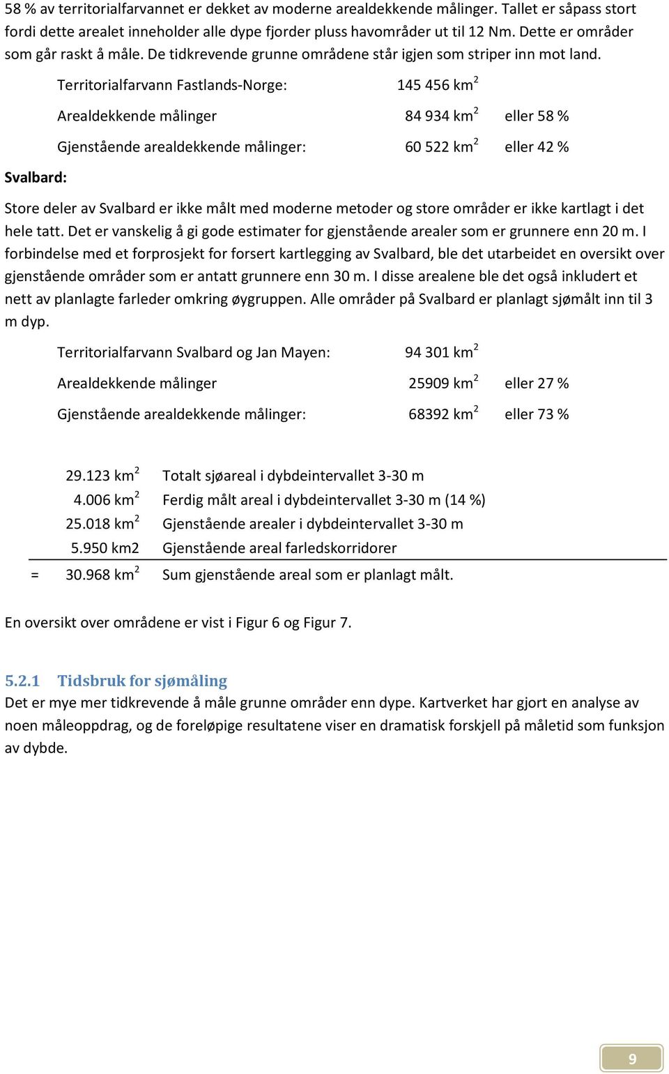 Svalbard: Territorialfarvann Fastlands-Norge: 145 456 km 2 Arealdekkende målinger 84 934 km 2 eller 58 % Gjenstående arealdekkende målinger: 60 522 km 2 eller 42 % Store deler av Svalbard er ikke