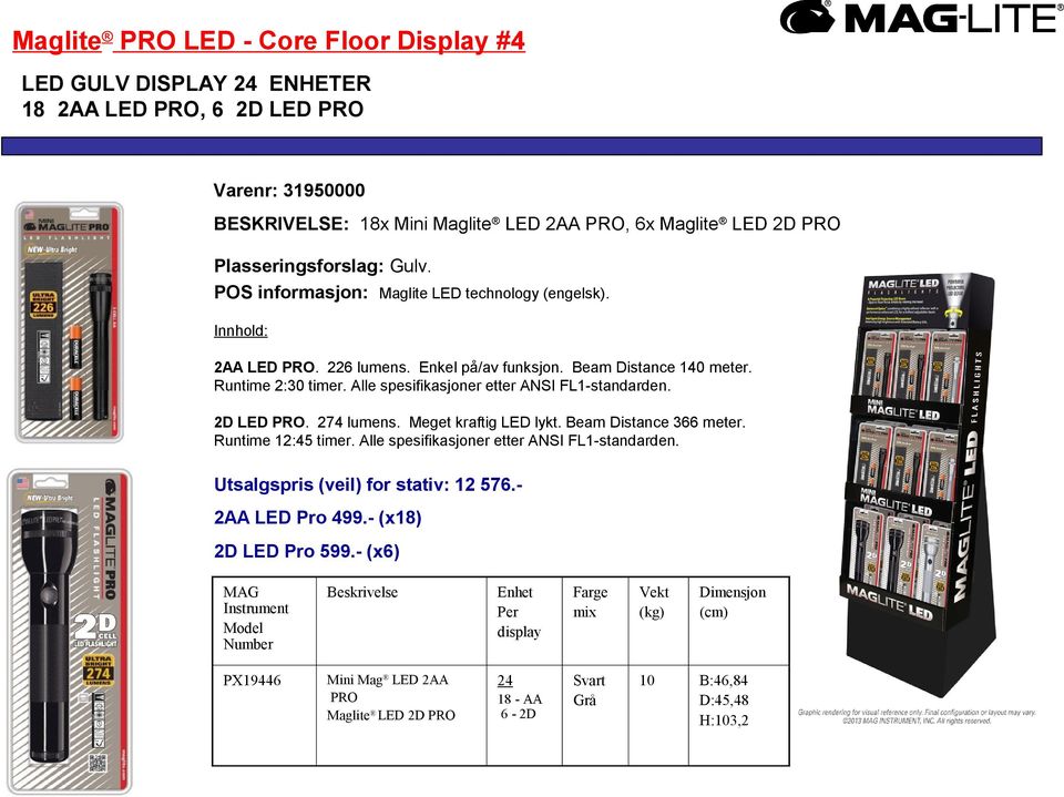Alle spesifikasjoner etter ANSI FL1-standarden. 2D LED PRO. 274 lumens. Meget kraftig LED lykt. Beam Distance 366 meter. Runtime 12:45 timer.