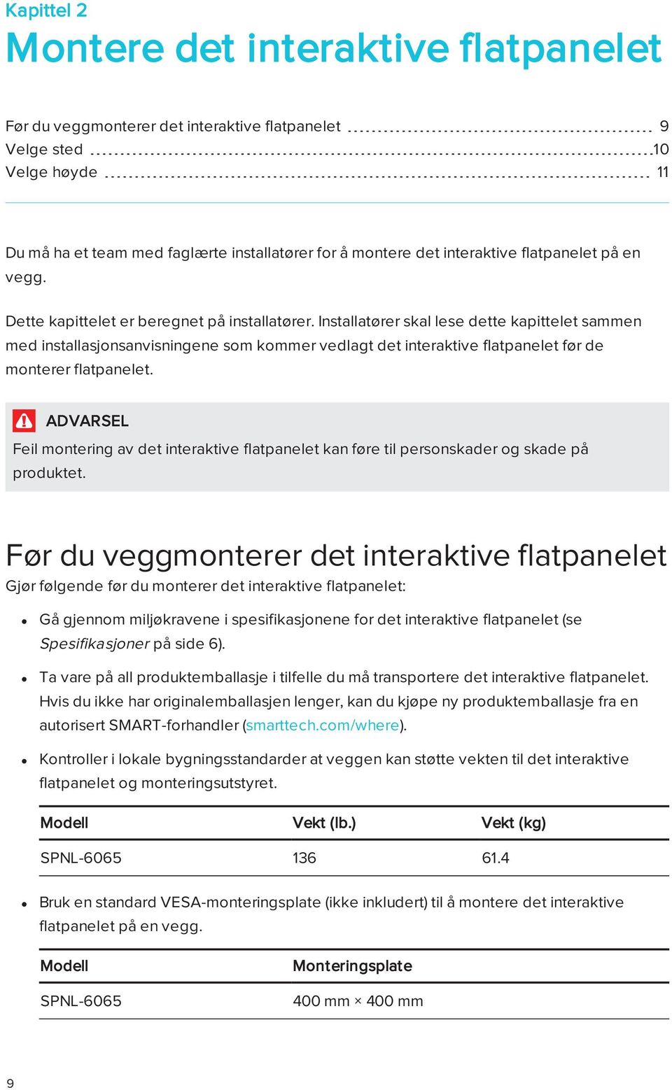 Installatører skal lese dette kapittelet sammen med installasjonsanvisningene som kommer vedlagt det interaktive flatpanelet før de monterer flatpanelet.