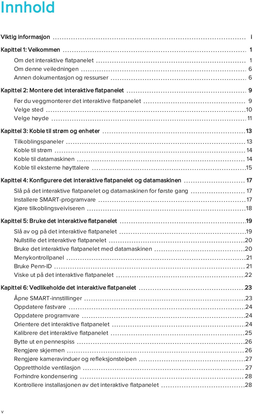 eksterne høyttalere 15 Kapittel 4: Konfigurere det interaktive flatpanelet og datamaskinen 17 Slå på det interaktive flatpanelet og datamaskinen for første gang 17 Installere SMART-programvare 17