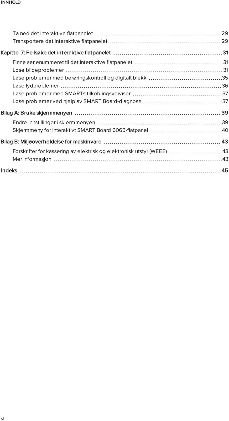 tilkoblingsveiviser 37 Løse problemer ved hjelp av SMART Board-diagnose 37 Bilag A: Bruke skjermmenyen 39 Endre innstillinger i skjermmenyen 39 Skjermmeny for