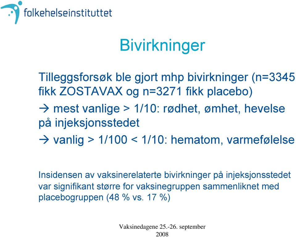 1/100 < 1/10: hematom, varmefølelse Insidensen av vaksinerelaterte bivirkninger på