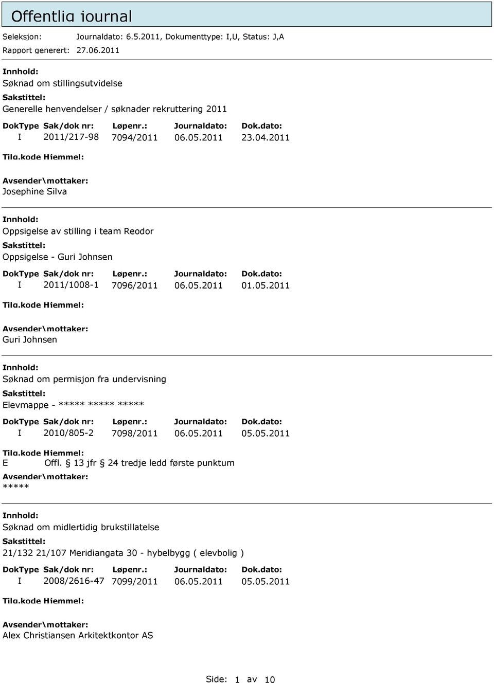 2011 Josephine Silva nnhold: Oppsigelse av stilling i team Reodor Oppsigelse - Guri Johnsen 2011/1008-1 7096/2011 01.05.