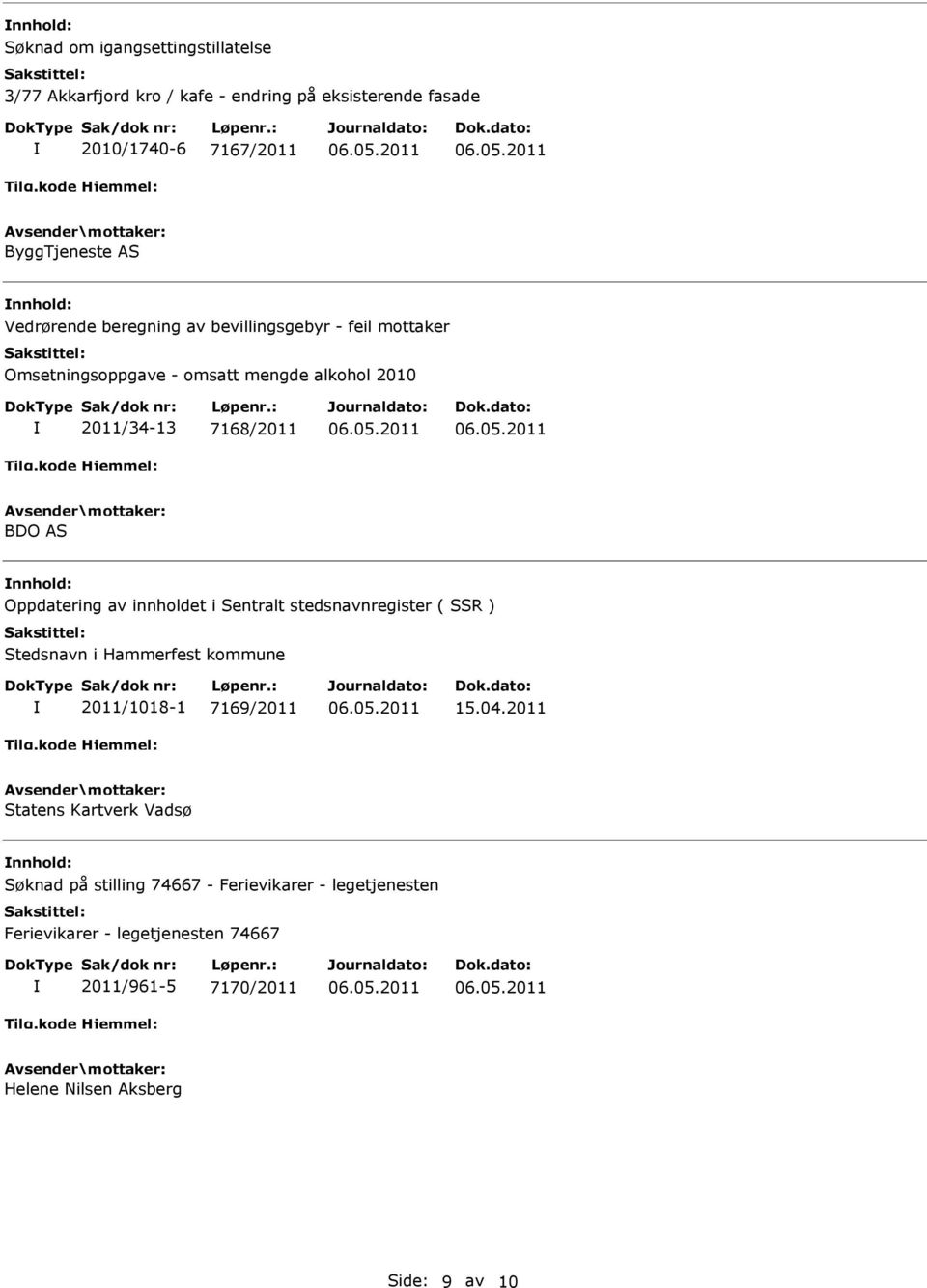 Oppdatering av innholdet i Sentralt stedsnavnregister ( SSR ) Stedsnavn i Hammerfest kommune 2011/1018-1 7169/2011 15.04.