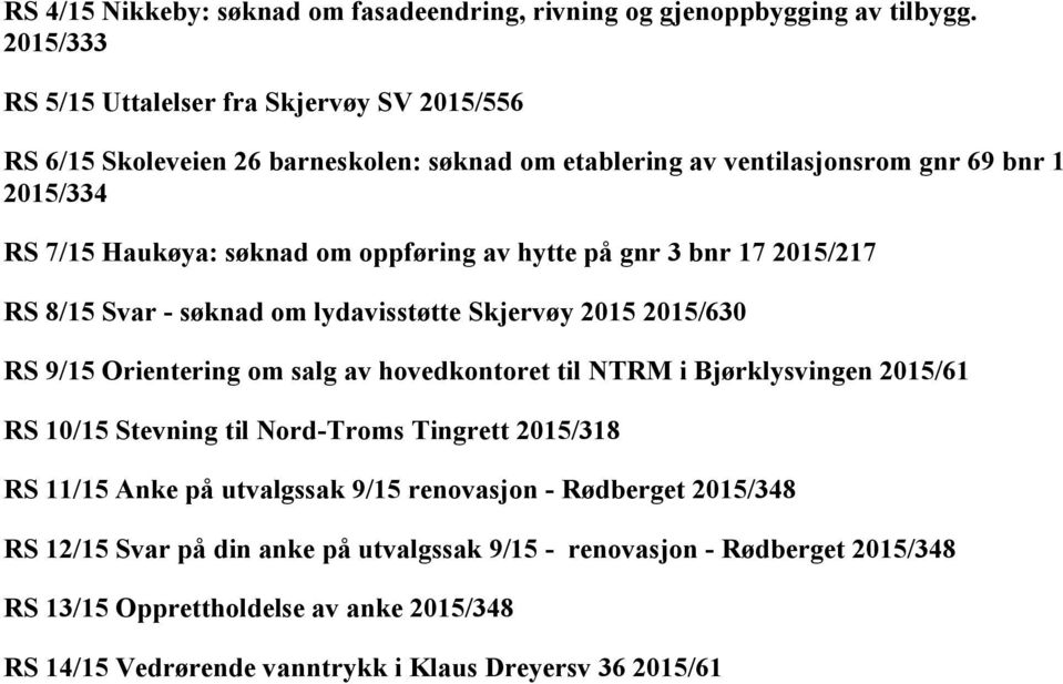 oppføring av hytte på gnr 3 bnr 17 2015/217 RS 8/15 Svar - søknad om lydavisstøtte Skjervøy 2015 2015/630 RS 9/15 Orientering om salg av hovedkontoret til NTRM i Bjørklysvingen
