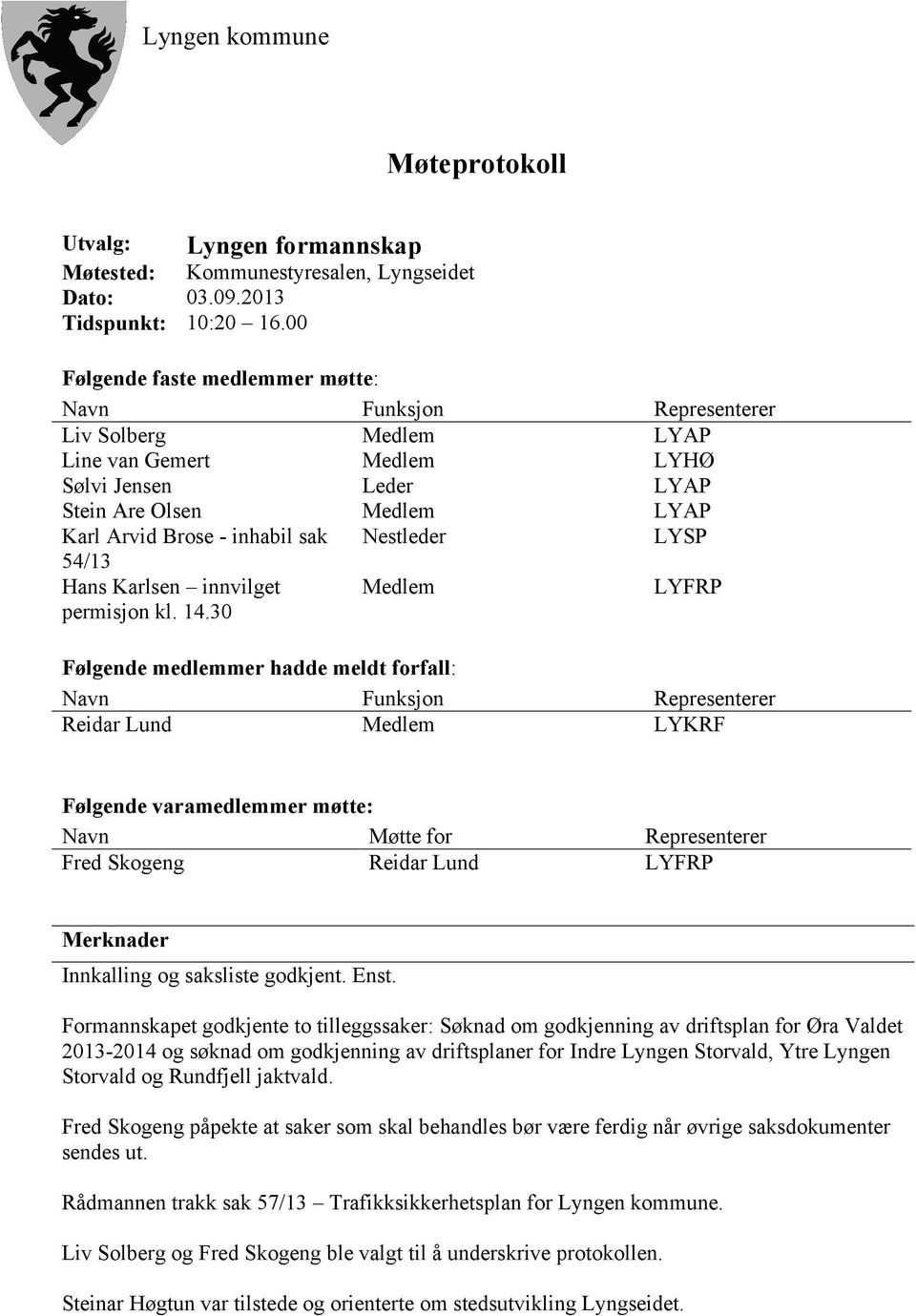 Nestleder LYSP 54/13 Hans Karlsen permisjon kl. 14.