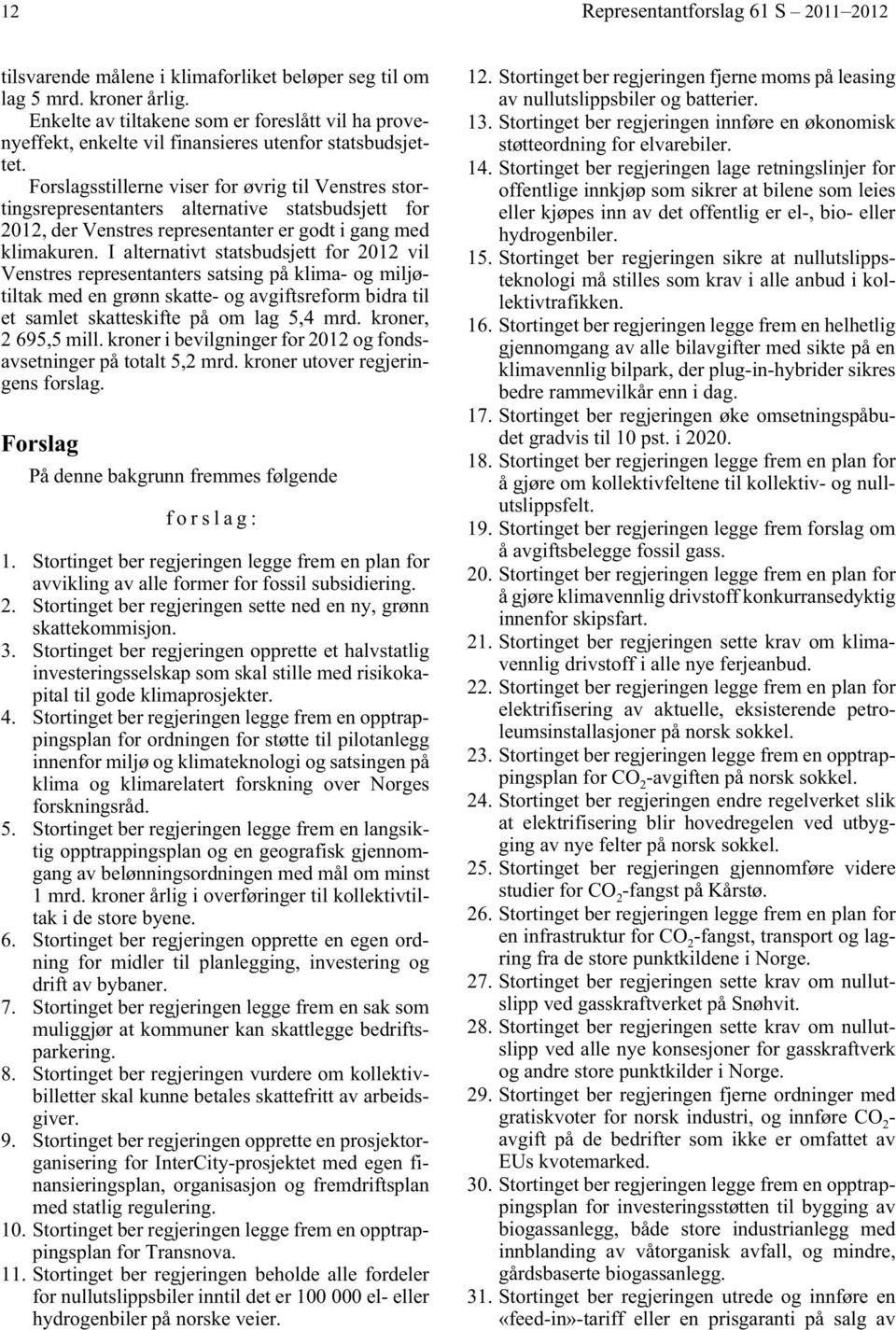 Forslagsstillerne viser for øvrig til Venstres stortingsrepresentanters alternative statsbudsjett for 2012, der Venstres representanter er godt i gang med klimakuren.