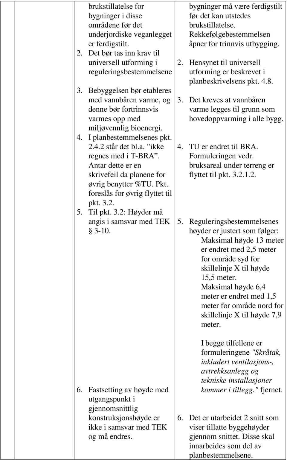 Antar dette er en skrivefeil da planene for øvrig benytter %TU. Pkt. foreslås for øvrig flyttet til pkt. 3.2. 5. Til pkt. 3.2: Høyder må angis i samsvar med TEK 3-10. 6.
