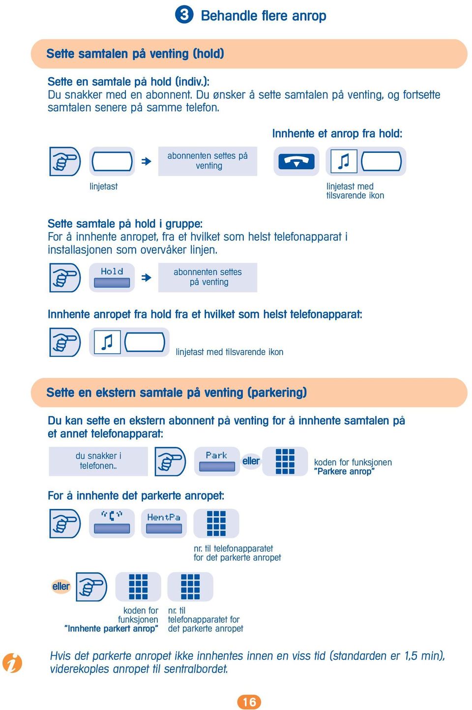 abonnenten settes på venting Innhente et anrop fra hold: linjetast linjetast med tilsvarende ikon Sette samtale på hold i gruppe: For å innhente anropet, fra et hvilket som helst telefonapparat i