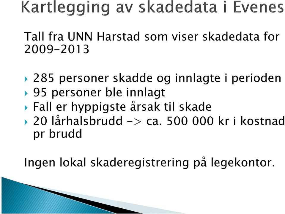 Fall er hyppigste årsak til skade 20 lårhalsbrudd -> ca.