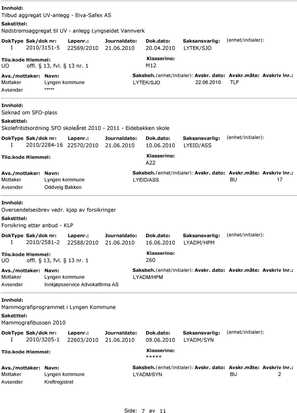 2010 LYD/ASS A22 LYD/ASS BU 17 Avsender Oddveig Bakken nnhold: Oversendelsesbrev vedr.